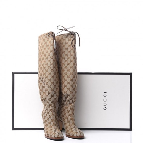 Gucci Shoes - [Sold] Beige GG Canvas Mid-Heel Boots